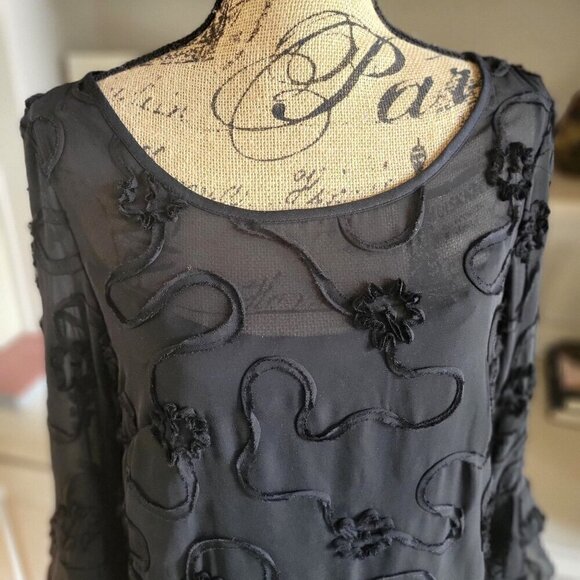 Madison Leigh Dress Black Sheer Top Swirls Ruffled Tiered Sleeves Midi- 8 - Picture 4 of 10